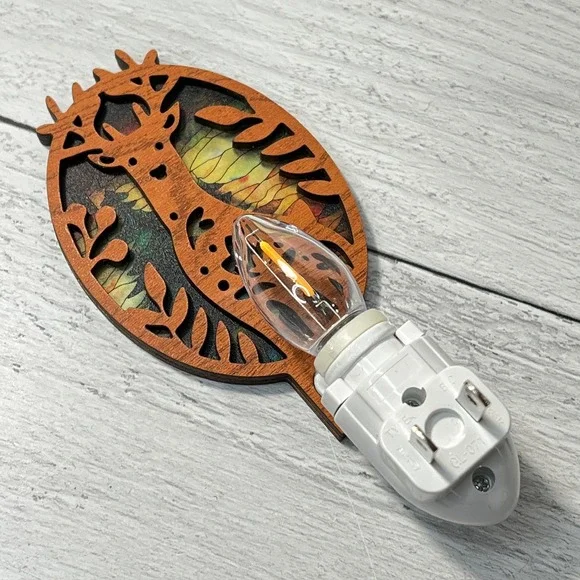 Handcrafted Wood Deer Night Light Stained Glass Style Forest LED Wall Plug-In - Picture 5 of 8